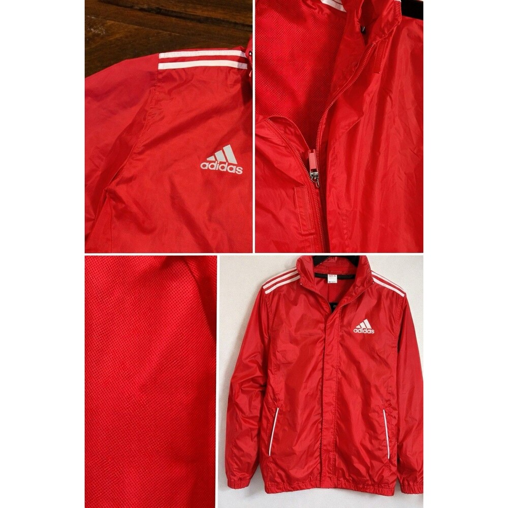 Adidas Red 3-Stripe Windbreaker Jacket Mens Medium Packable Hood